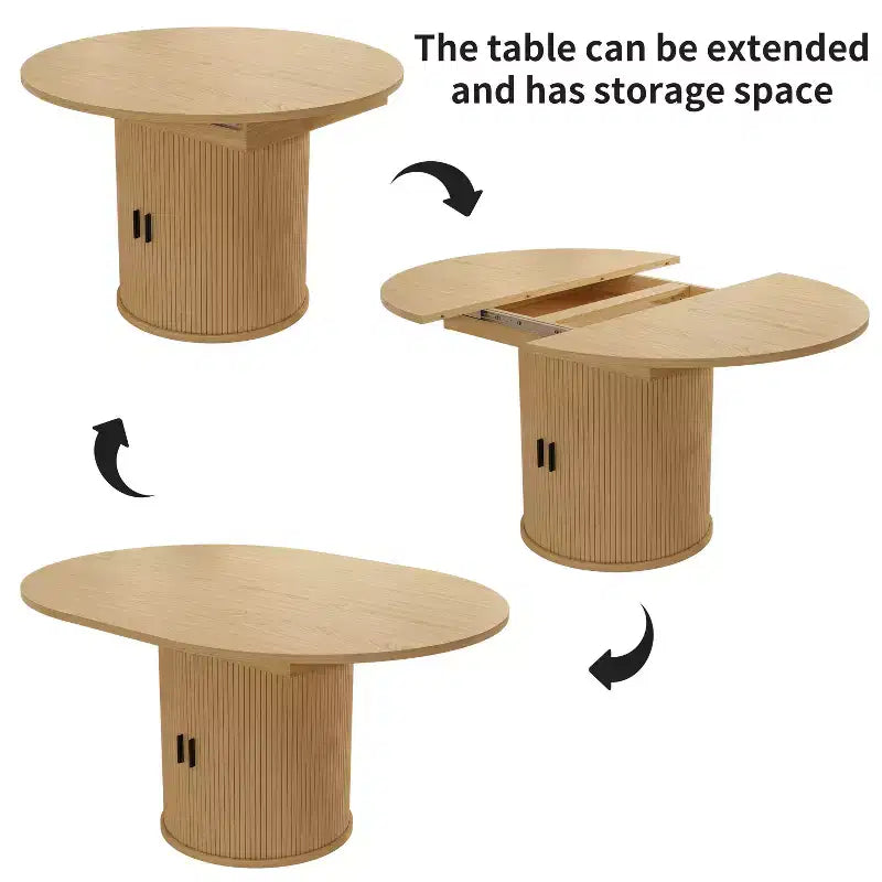 Tavolo da pranzo allungabile Dyonery 43-59 per 4-6 persone, piano in legno massello con anta scorrevole scanalata e 8 scomparti, salvaspazio