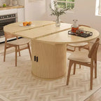 Tavolo da pranzo allungabile Dyonery 43-59 per 4-6 persone, piano in legno massello con anta scorrevole scanalata e 8 scomparti, salvaspazio
