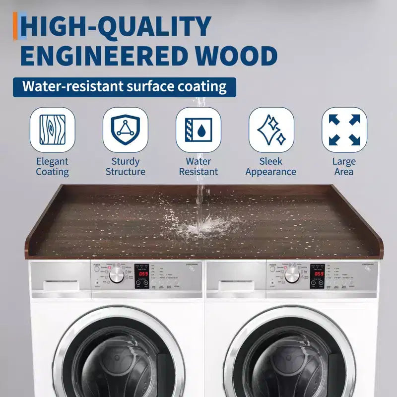 TROPOW Walnut Laundry Countertop C Waterproof Washer/Dryer Cover with 2.75 Edge Rails & Anti-Slip Pads for Laundry Room Storage