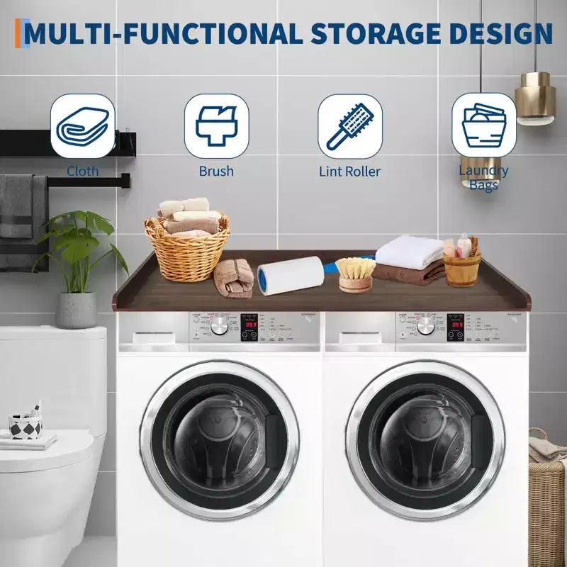 TROPOW Walnut Laundry Countertop C Waterproof Washer/Dryer Cover with 2.75 Edge Rails & Anti-Slip Pads for Laundry Room Storage