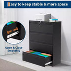 Acekool Cassettiera Portadocumenti Laterale a 4 Cassetti con Serratura, Mobile Archivio in Metallo per Fogli A4/Letter/Legal, Organizzatore Documenti Sicuro, Nero