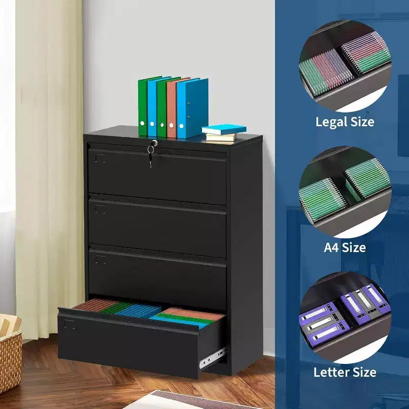 Acekool Cassettiera Portadocumenti Laterale a 4 Cassetti con Serratura, Mobile Archivio in Metallo per Fogli A4/Letter/Legal, Organizzatore Documenti Sicuro, Nero