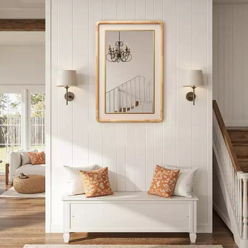 LuxenHome Specchio da parete decorativo rettangolare arrotondato, cornice in legno di gomma 35 con inserto in pelle sintetica marrone