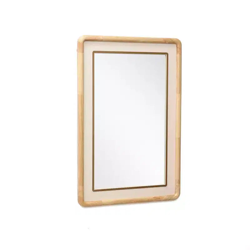 LuxenHome Specchio da parete decorativo rettangolare arrotondato, cornice in legno di gomma 35 con inserto in pelle sintetica marrone
