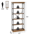 Coolmee Industrial 6 Tier Bookshelf, Metal Frame Rustic Tall Standing Bookcase, Large Vintage Display Rack for Bedroom, Living Room and Home Office