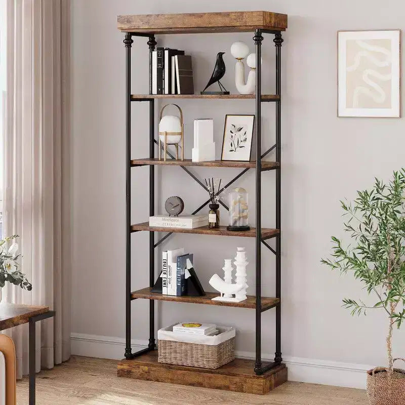 Coolmee Industrial 6 Tier Bookshelf, Metal Frame Rustic Tall Standing Bookcase, Large Vintage Display Rack for Bedroom, Living Room and Home Office