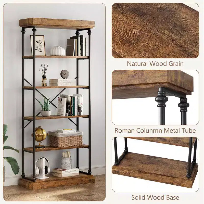Coolmee Industrial 6 Tier Bookshelf, Metal Frame Rustic Tall Standing Bookcase, Large Vintage Display Rack for Bedroom, Living Room and Home Office
