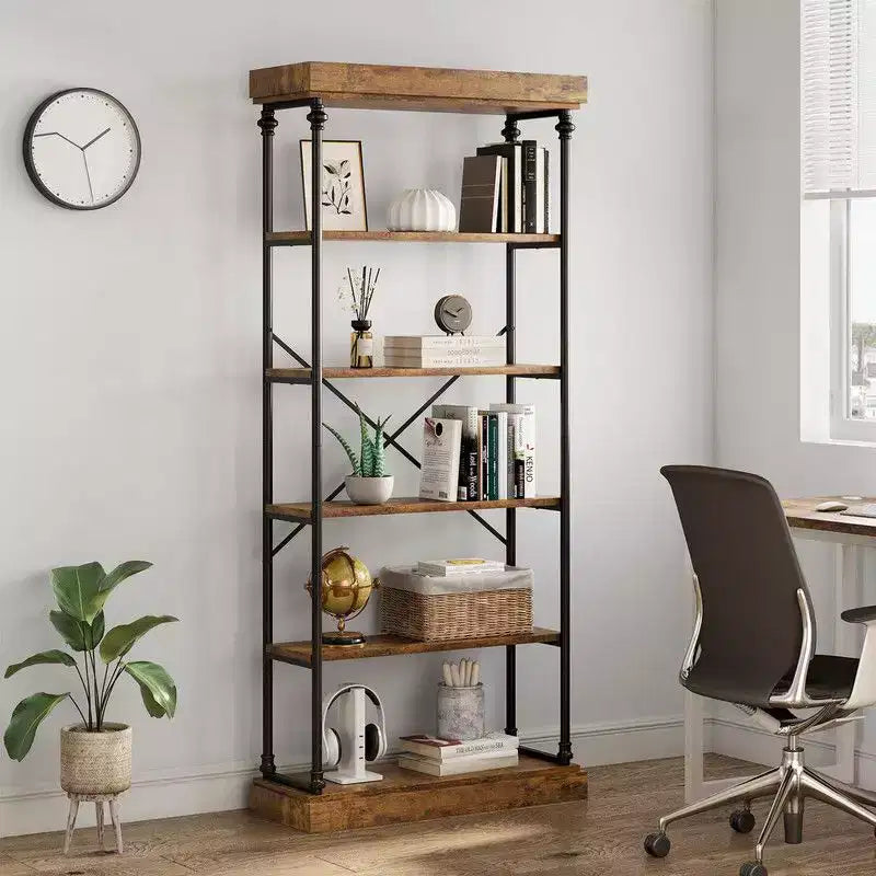 Coolmee Industrial 6 Tier Bookshelf, Metal Frame Rustic Tall Standing Bookcase, Large Vintage Display Rack for Bedroom, Living Room and Home Office