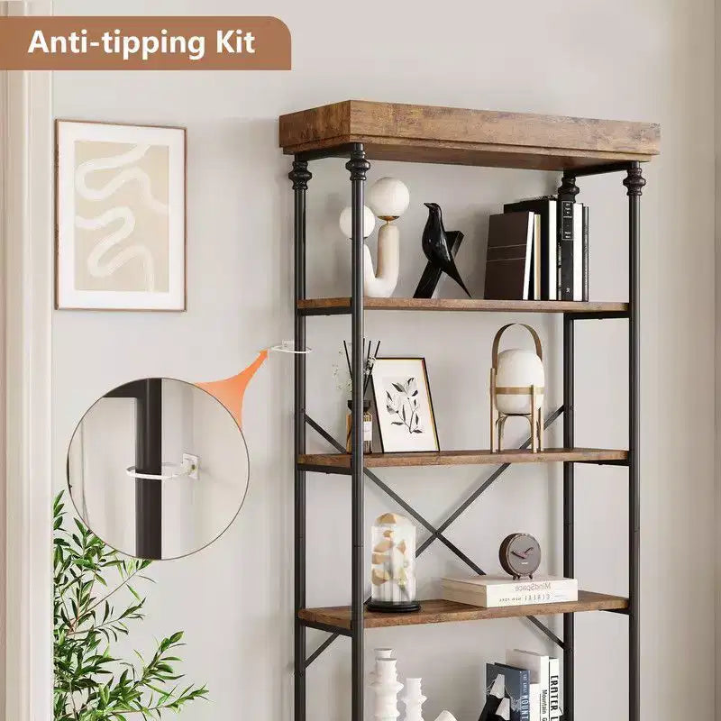 Coolmee Industrial 6 Tier Bookshelf, Metal Frame Rustic Tall Standing Bookcase, Large Vintage Display Rack for Bedroom, Living Room and Home Office