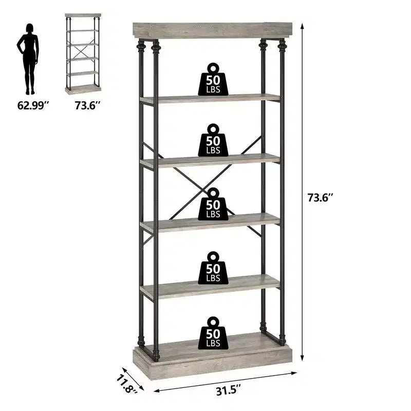 Coolmee Industrial 6 Tier Bookshelf, Metal Frame Rustic Tall Standing Bookcase, Large Vintage Display Rack for Bedroom, Living Room and Home Office