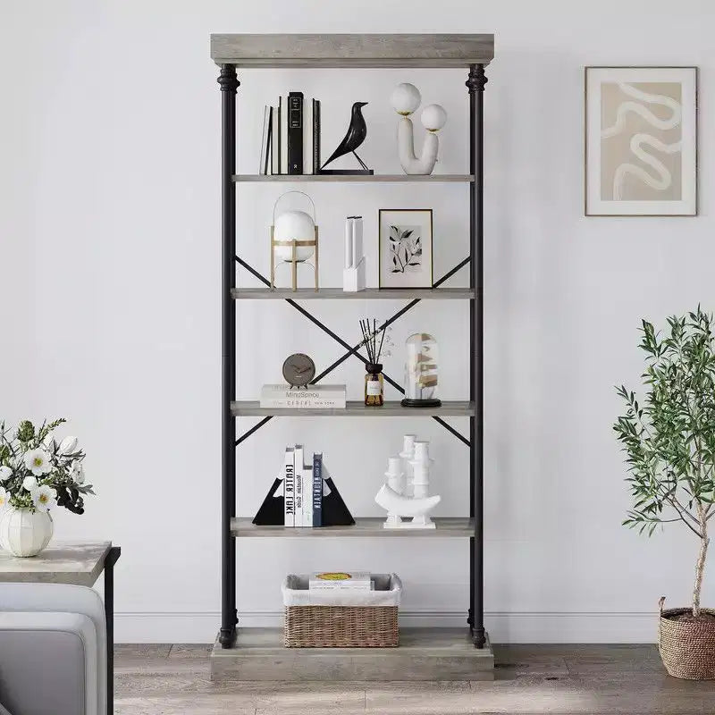 Coolmee Industrial 6 Tier Bookshelf, Metal Frame Rustic Tall Standing Bookcase, Large Vintage Display Rack for Bedroom, Living Room and Home Office