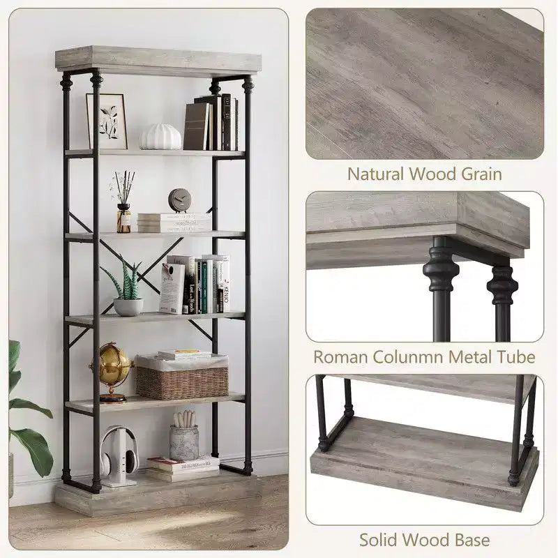 Coolmee Industrial 6 Tier Bookshelf, Metal Frame Rustic Tall Standing Bookcase, Large Vintage Display Rack for Bedroom, Living Room and Home Office