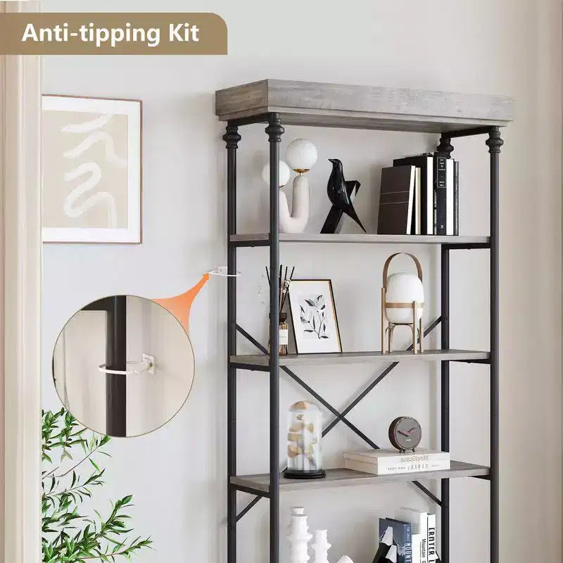Coolmee Industrial 6 Tier Bookshelf, Metal Frame Rustic Tall Standing Bookcase, Large Vintage Display Rack for Bedroom, Living Room and Home Office