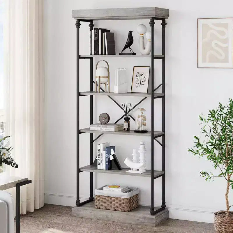 Coolmee Industrial 6 Tier Bookshelf, Metal Frame Rustic Tall Standing Bookcase, Large Vintage Display Rack for Bedroom, Living Room and Home Office
