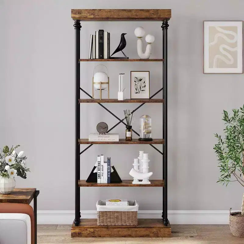 Coolmee Industrial 6 Tier Bookshelf, Metal Frame Rustic Tall Standing Bookcase, Large Vintage Display Rack for Bedroom, Living Room and Home Office