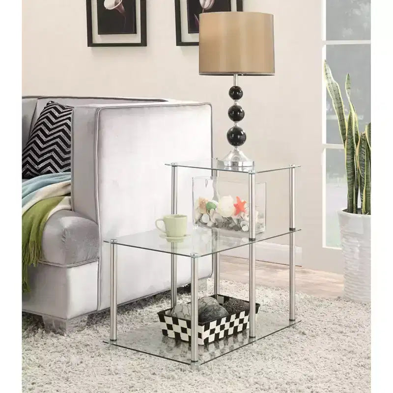 HomeStock Belmont Tavolino laterale in vetro a gradini, tavolino d'appoggio moderno a 3 livelli con ripiani in vetro temperato per esposizione e conservazione