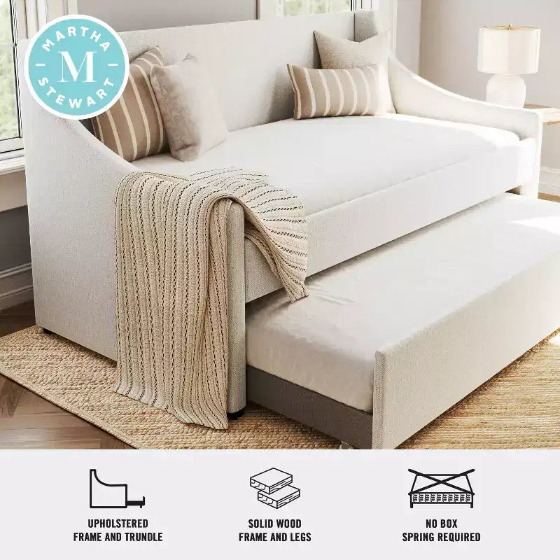 Letto da giorno doppio Martha Stewart con letto estraibile doppio in lino sintetico bianco sporco
