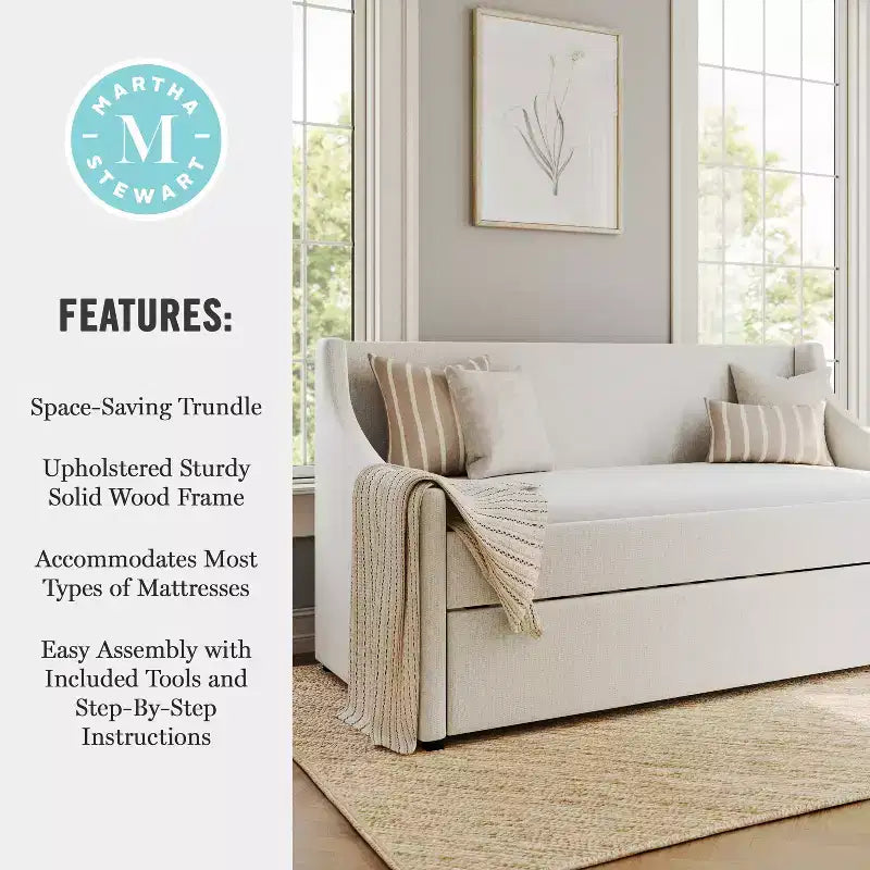 Letto da giorno doppio Martha Stewart con letto estraibile doppio in lino sintetico bianco sporco