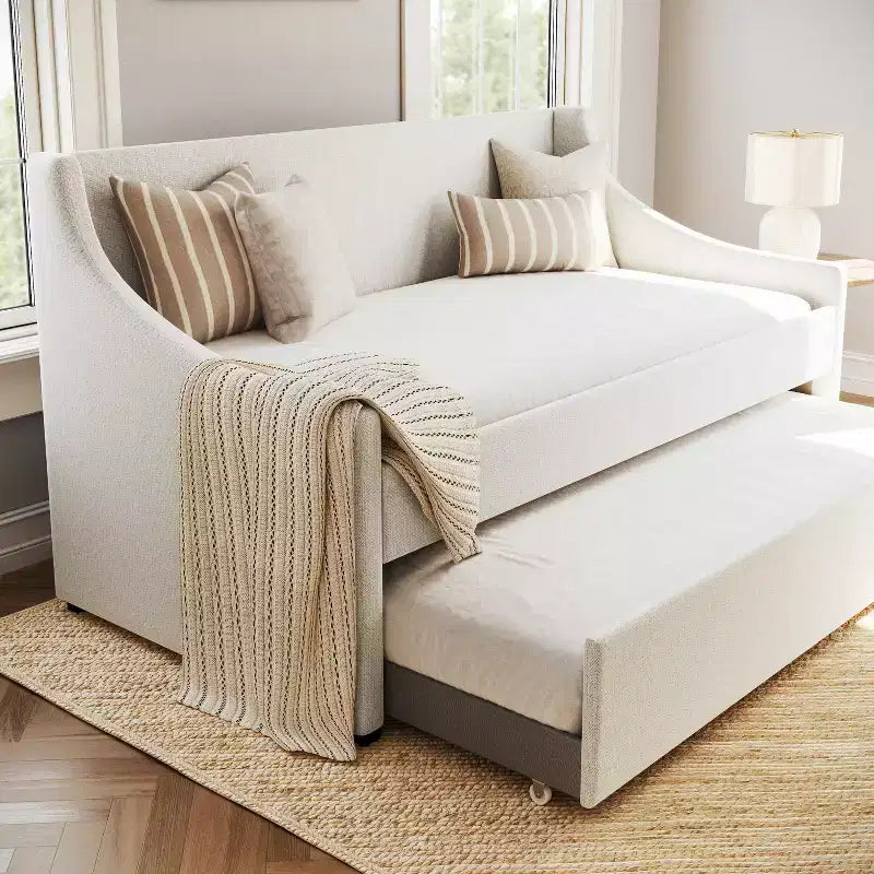 Letto da giorno doppio Martha Stewart con letto estraibile doppio in lino sintetico bianco sporco