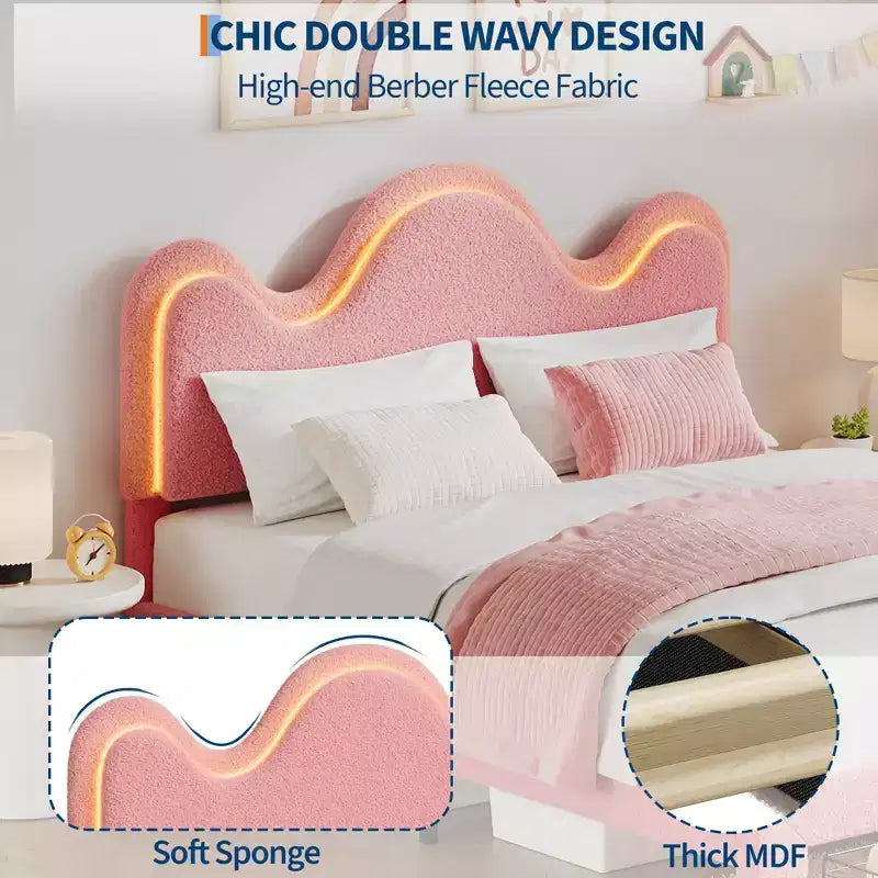 Struttura letto CuisinSmart Twin/Full/Queen, testiera regolabile e cassetto portaoggetti, letto a piattaforma imbottito in bouclé per bambini, tessuto in pile d'agnello