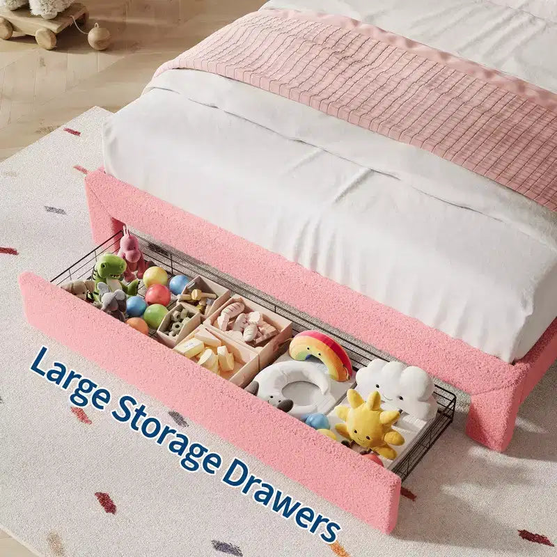 Struttura letto CuisinSmart Twin/Full/Queen, testiera regolabile e cassetto portaoggetti, letto a piattaforma imbottito in bouclé per bambini, tessuto in pile d'agnello