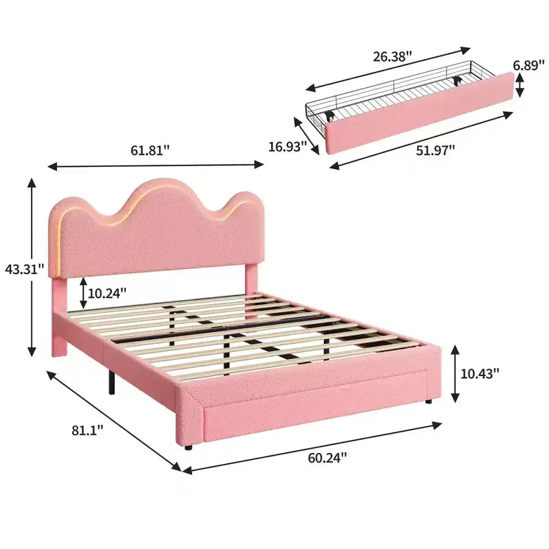 Struttura letto CuisinSmart Twin/Full/Queen, testiera regolabile e cassetto portaoggetti, letto a piattaforma imbottito in bouclé per bambini, tessuto in pile d'agnello