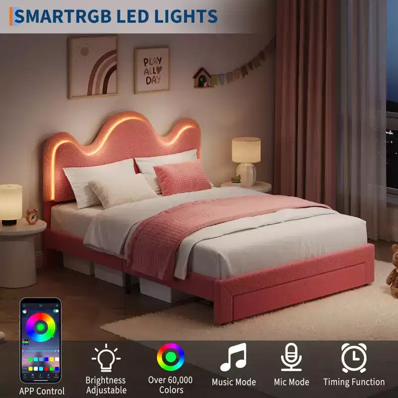 Struttura letto CuisinSmart Twin/Full/Queen, testiera regolabile e cassetto portaoggetti, letto a piattaforma imbottito in bouclé per bambini, tessuto in pile d'agnello