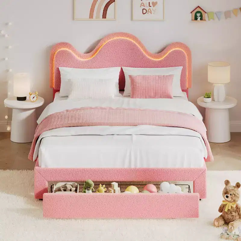 Struttura letto CuisinSmart Twin/Full/Queen, testiera regolabile e cassetto portaoggetti, letto a piattaforma imbottito in bouclé per bambini, tessuto in pile d'agnello