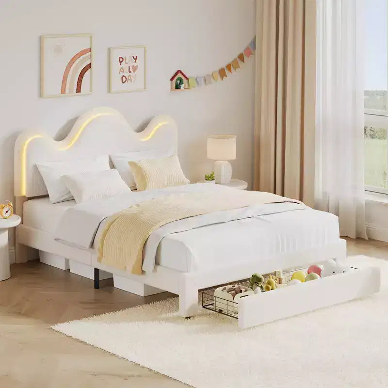 Struttura letto CuisinSmart Twin/Full/Queen, testiera regolabile e cassetto portaoggetti, letto a piattaforma imbottito in bouclé per bambini, tessuto in pile d'agnello