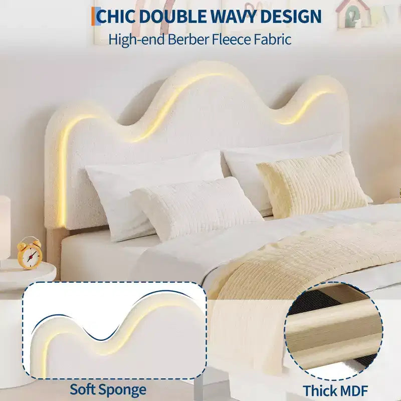 Struttura letto CuisinSmart Twin/Full/Queen, testiera regolabile e cassetto portaoggetti, letto a piattaforma imbottito in bouclé per bambini, tessuto in pile d'agnello