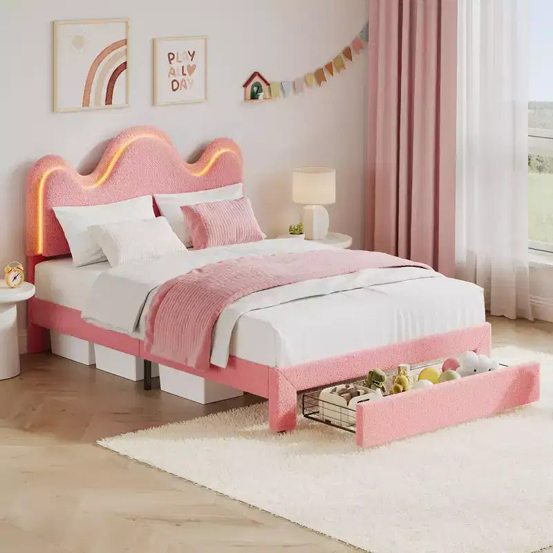 Struttura letto CuisinSmart Twin/Full/Queen, testiera regolabile e cassetto portaoggetti, letto a piattaforma imbottito in bouclé per bambini, tessuto in pile d'agnello