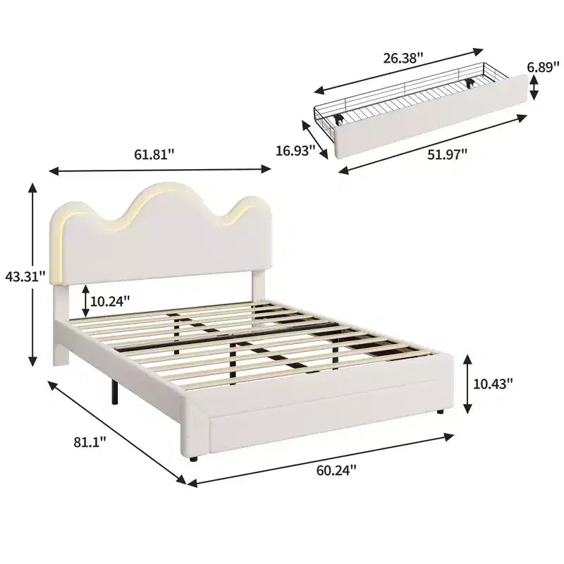 Struttura letto CuisinSmart Twin/Full/Queen, testiera regolabile e cassetto portaoggetti, letto a piattaforma imbottito in bouclé per bambini, tessuto in pile d'agnello