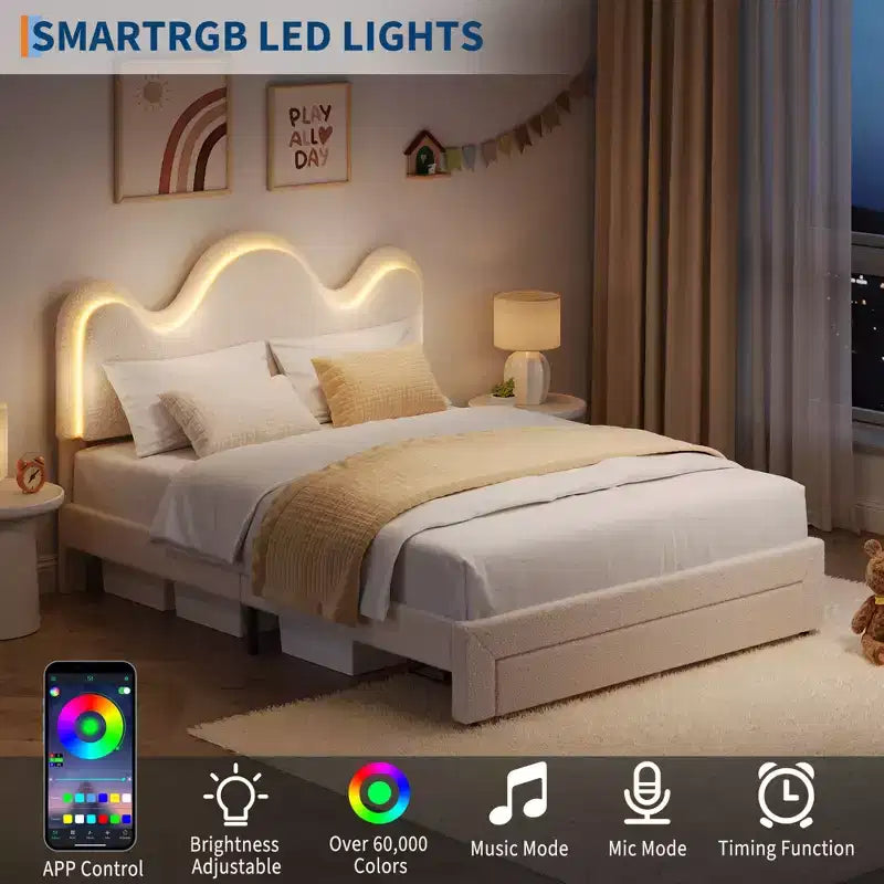 Struttura letto CuisinSmart Twin/Full/Queen, testiera regolabile e cassetto portaoggetti, letto a piattaforma imbottito in bouclé per bambini, tessuto in pile d'agnello