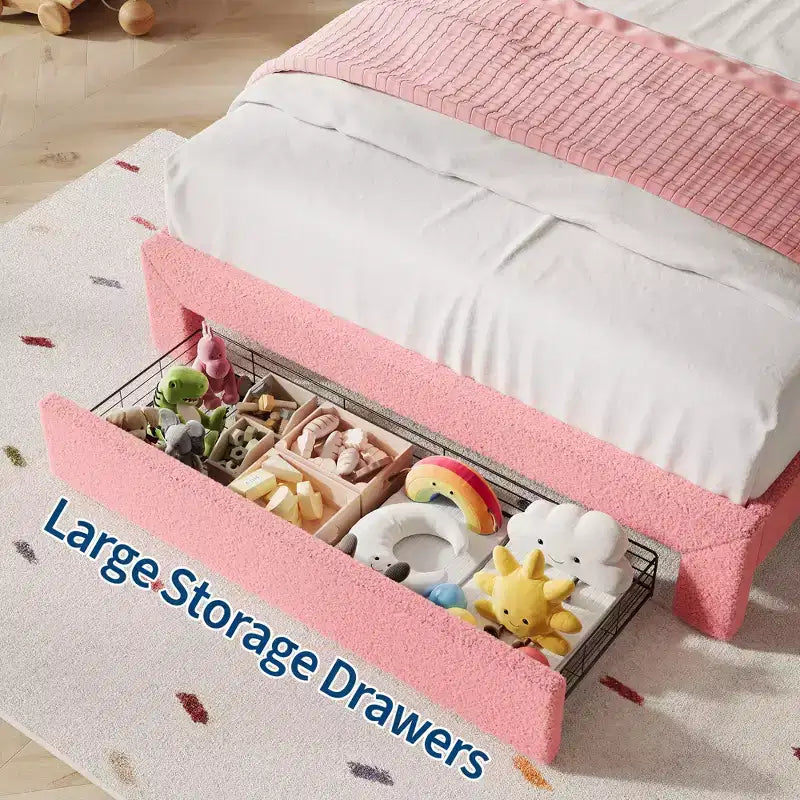 Struttura letto CuisinSmart Twin/Full/Queen, testiera regolabile e cassetto portaoggetti, letto a piattaforma imbottito in bouclé per bambini, tessuto in pile d'agnello