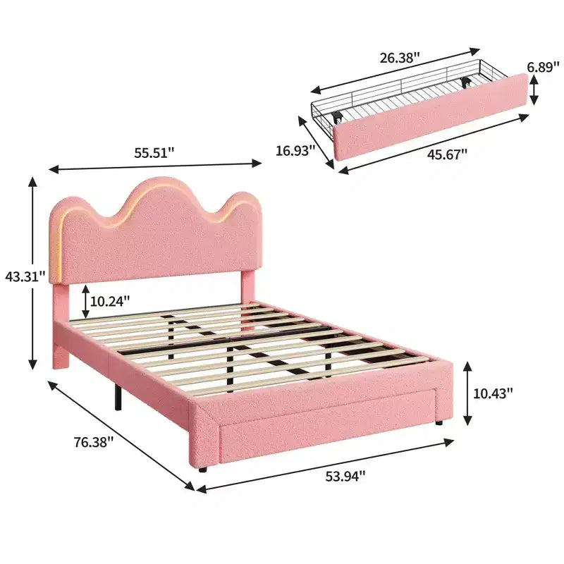 Struttura letto CuisinSmart Twin/Full/Queen, testiera regolabile e cassetto portaoggetti, letto a piattaforma imbottito in bouclé per bambini, tessuto in pile d'agnello