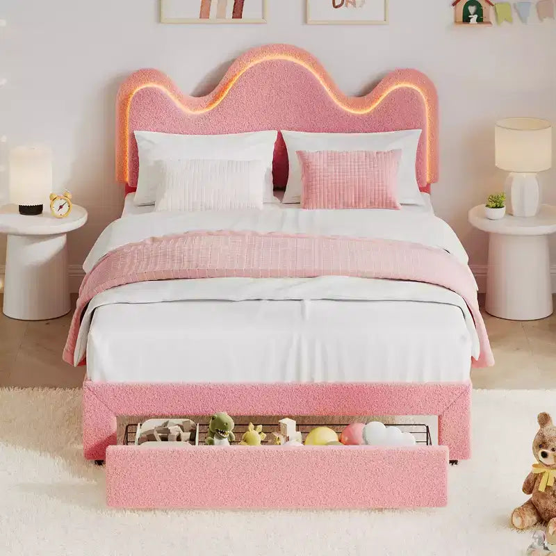 Struttura letto CuisinSmart Twin/Full/Queen, testiera regolabile e cassetto portaoggetti, letto a piattaforma imbottito in bouclé per bambini, tessuto in pile d'agnello