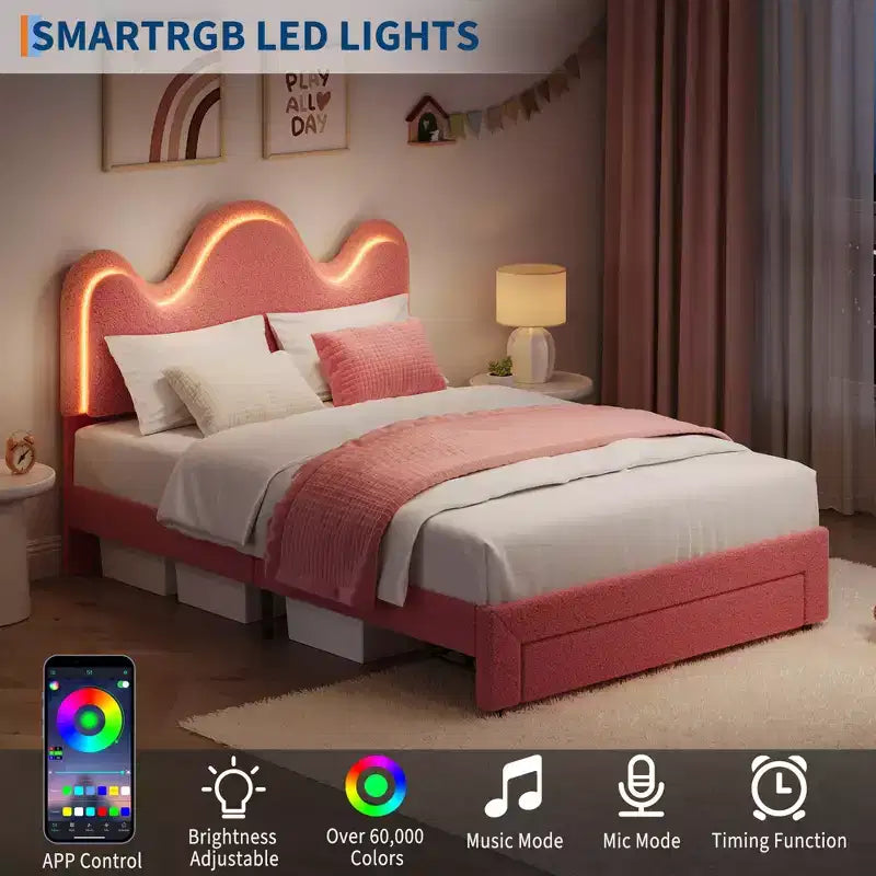Struttura letto CuisinSmart Twin/Full/Queen, testiera regolabile e cassetto portaoggetti, letto a piattaforma imbottito in bouclé per bambini, tessuto in pile d'agnello