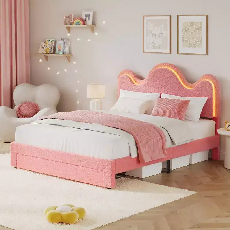 Struttura letto CuisinSmart Twin/Full/Queen, testiera regolabile e cassetto portaoggetti, letto a piattaforma imbottito in bouclé per bambini, tessuto in pile d'agnello