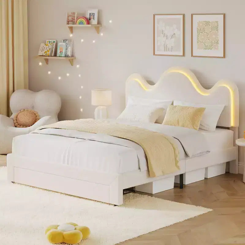 Struttura letto CuisinSmart Twin/Full/Queen, testiera regolabile e cassetto portaoggetti, letto a piattaforma imbottito in bouclé per bambini, tessuto in pile d'agnello