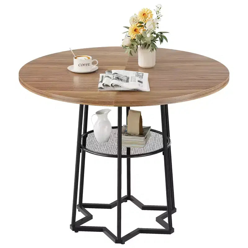 Tavolo da pranzo rotondo in legno da 38,6 pollici con base in metallo e ripiano portaoggetti per casa, cucina, soggiorno (solo tavolo)