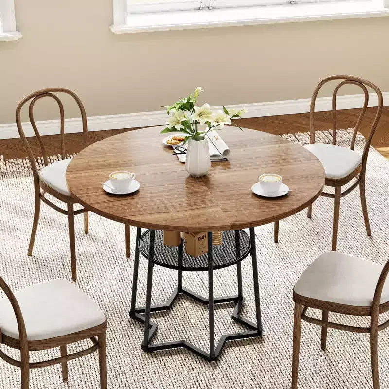 38.6 Wood Round Dining Table with Metal Base and Storage Shelf for Home, Kitchen, Living Room, (Only Table)