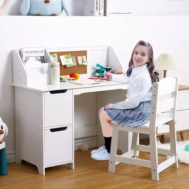 COZONY Kids Study Desk with Chair, Student Writing Table with Bookshelf, Bulletin Board & Cabinets, Children Study Desk for Boys & Girls