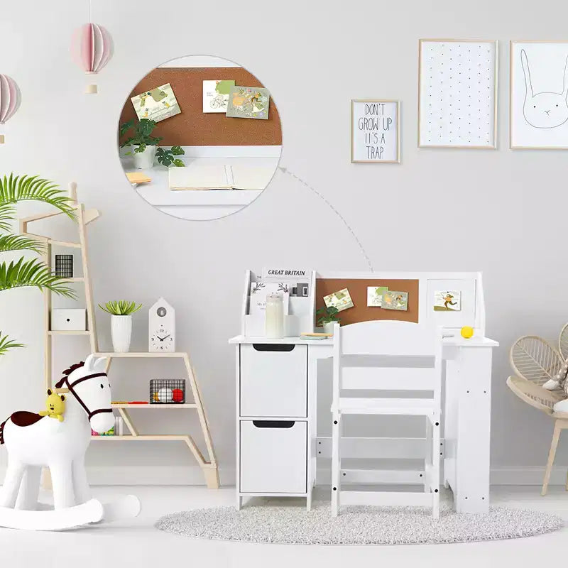 COZONY Kids Study Desk with Chair, Student Writing Table with Bookshelf, Bulletin Board & Cabinets, Children Study Desk for Boys & Girls