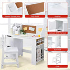 COZONY Kids Study Desk with Chair, Student Writing Table with Bookshelf, Bulletin Board & Cabinets, Children Study Desk for Boys & Girls