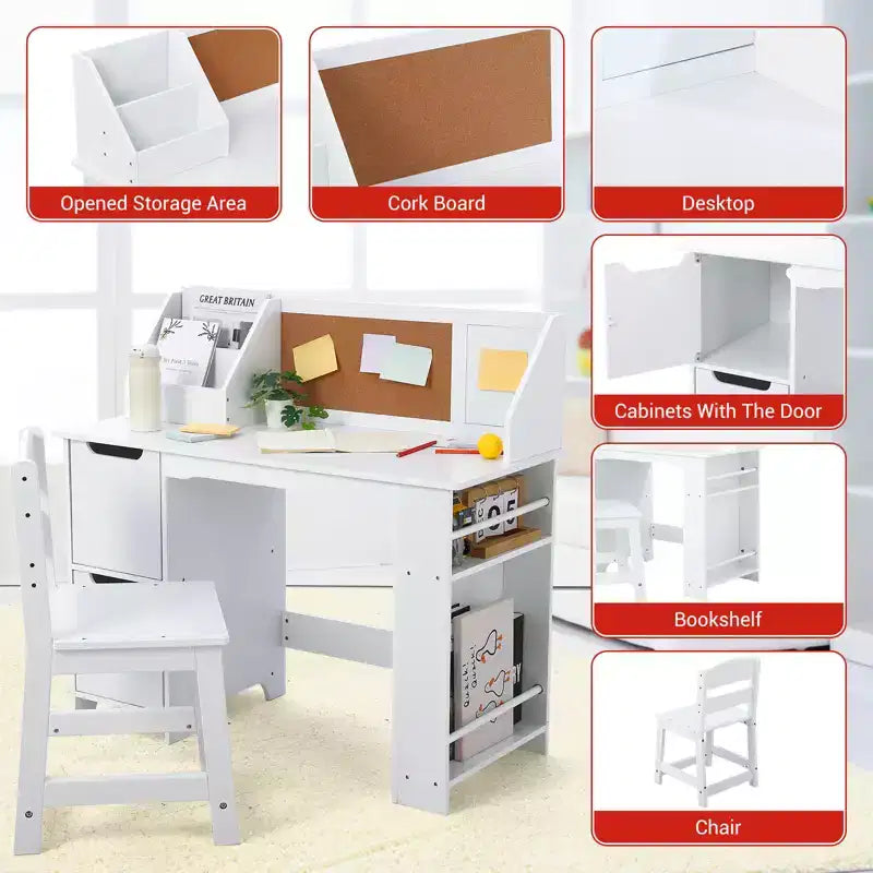 COZONY Kids Study Desk with Chair, Student Writing Table with Bookshelf, Bulletin Board & Cabinets, Children Study Desk for Boys & Girls