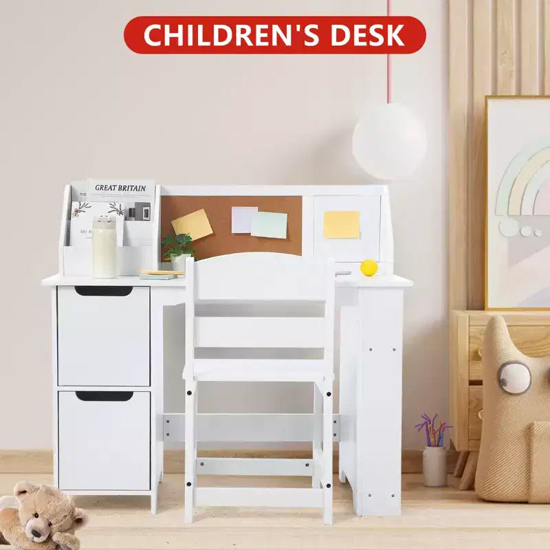 COZONY Kids Study Desk with Chair, Student Writing Table with Bookshelf, Bulletin Board & Cabinets, Children Study Desk for Boys & Girls