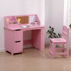 COZONY Kids Study Desk with Chair, Student Writing Table with Bookshelf, Bulletin Board & Cabinets, Children Study Desk for Boys & Girls