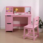 COZONY Kids Study Desk with Chair, Student Writing Table with Bookshelf, Bulletin Board & Cabinets, Children Study Desk for Boys & Girls