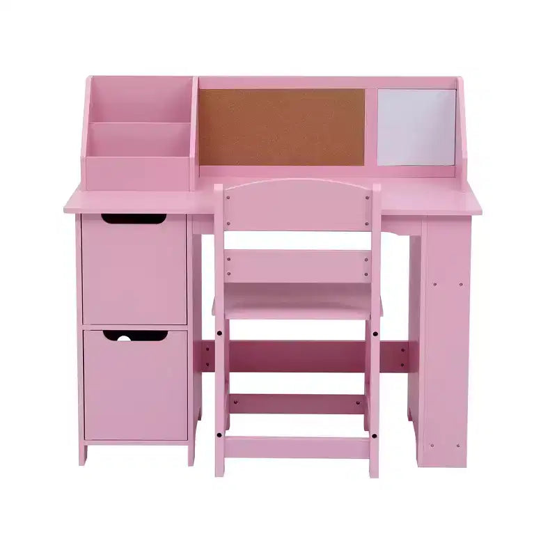 COZONY Kids Study Desk with Chair, Student Writing Table with Bookshelf, Bulletin Board & Cabinets, Children Study Desk for Boys & Girls