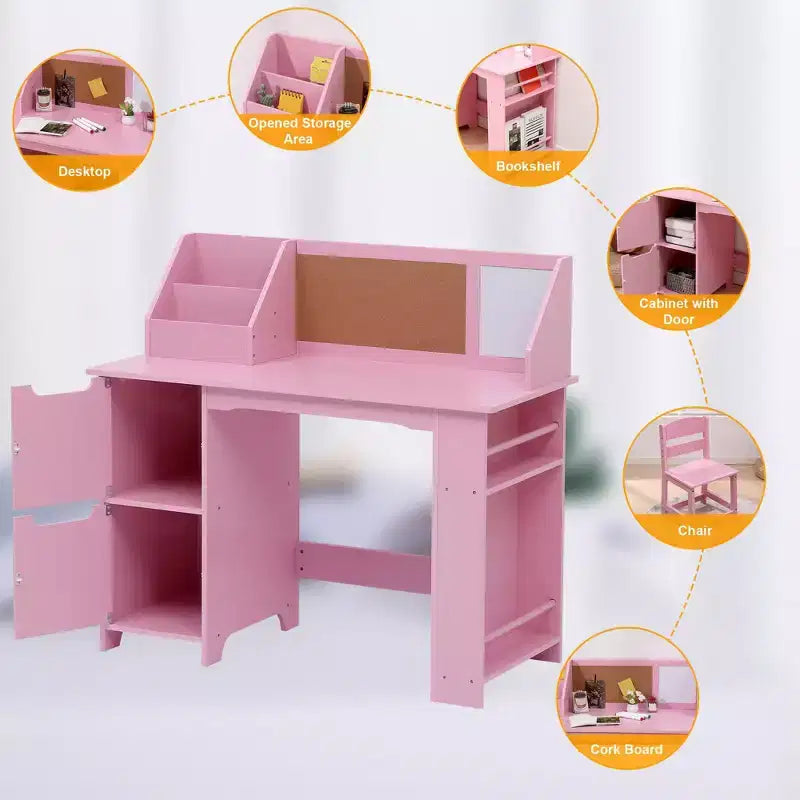 COZONY Kids Study Desk with Chair, Student Writing Table with Bookshelf, Bulletin Board & Cabinets, Children Study Desk for Boys & Girls